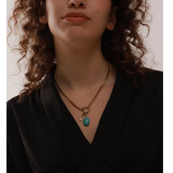 NEW 18K Gold Plated Oval Turquoise Circle Link Chain Necklace - Picture 6 of 7